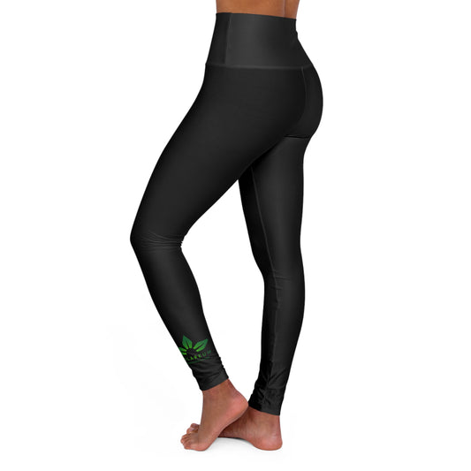 Women's High Waisted, Green Logo, Black Yoga Leggings