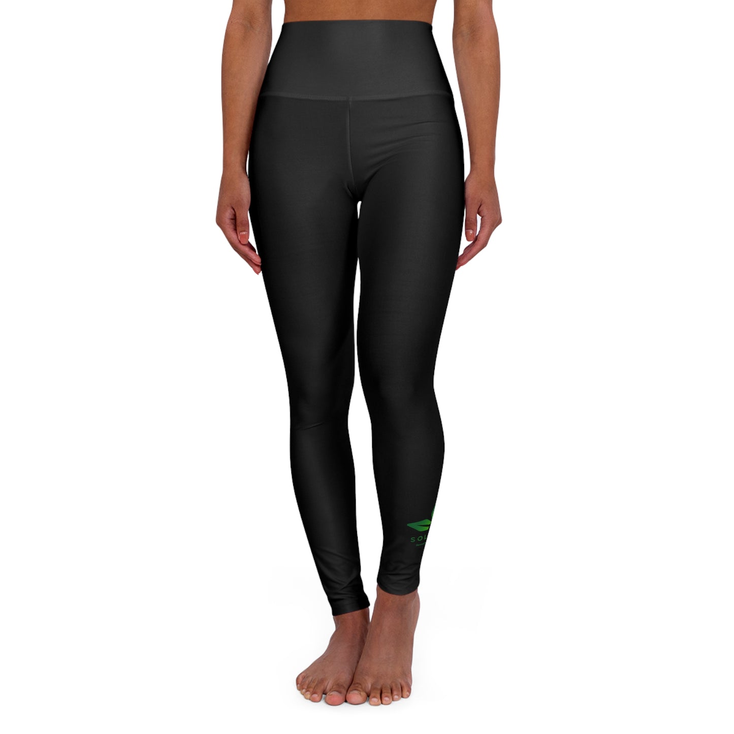 Women's High Waisted, Green Logo, Black Yoga Leggings